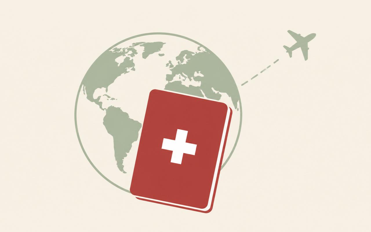 Roter Schweizer Pass mit weissem Kreuz vor einem Globus und Flugzeug — Symbolbild Auslandschweizer und Krankenkasse