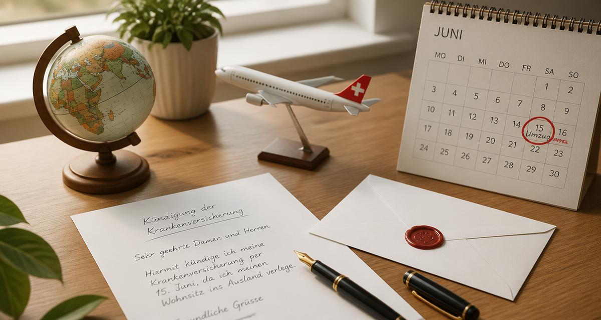 Kündigungsschreiben, Briefumschlag, Globus, Flugzeugmodell und Kalender auf einem Holztisch — Symbolbild Krankenkasse kündigen bei Wegzug ins Ausland