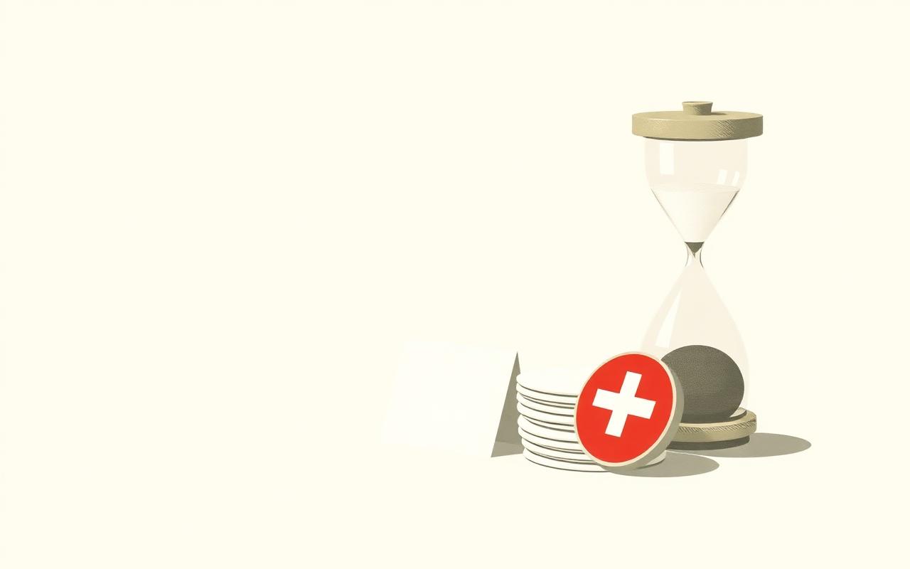 Sanduhr neben einem Stapel Briefe und einem roten Schweizer Kreuz — Symbolbild Kündigungsfrist Krankenkasse