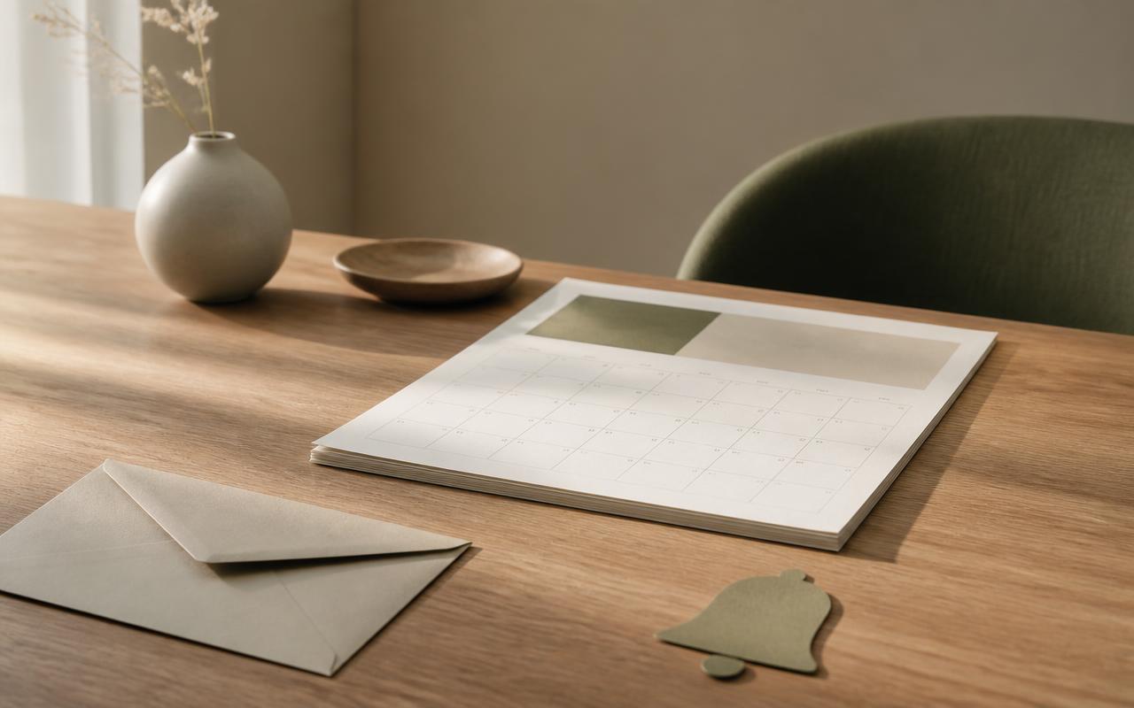 Kalender, Briefumschlag und kleine Glocke auf einem Holztisch im Morgenlicht — Symbolbild jährlicher Reminder Krankenkasse wechseln
